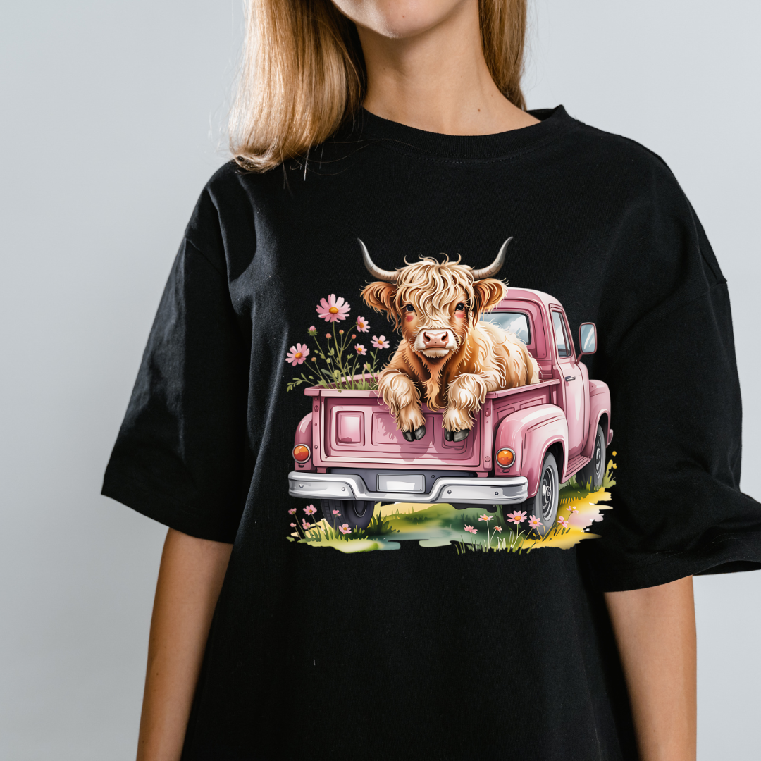 Highland Cow Pink Truck Women's Hoodie